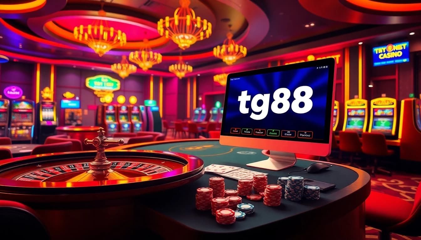 Engaging scene of online gambling with tg88 link on a mobile device amid casino elements.