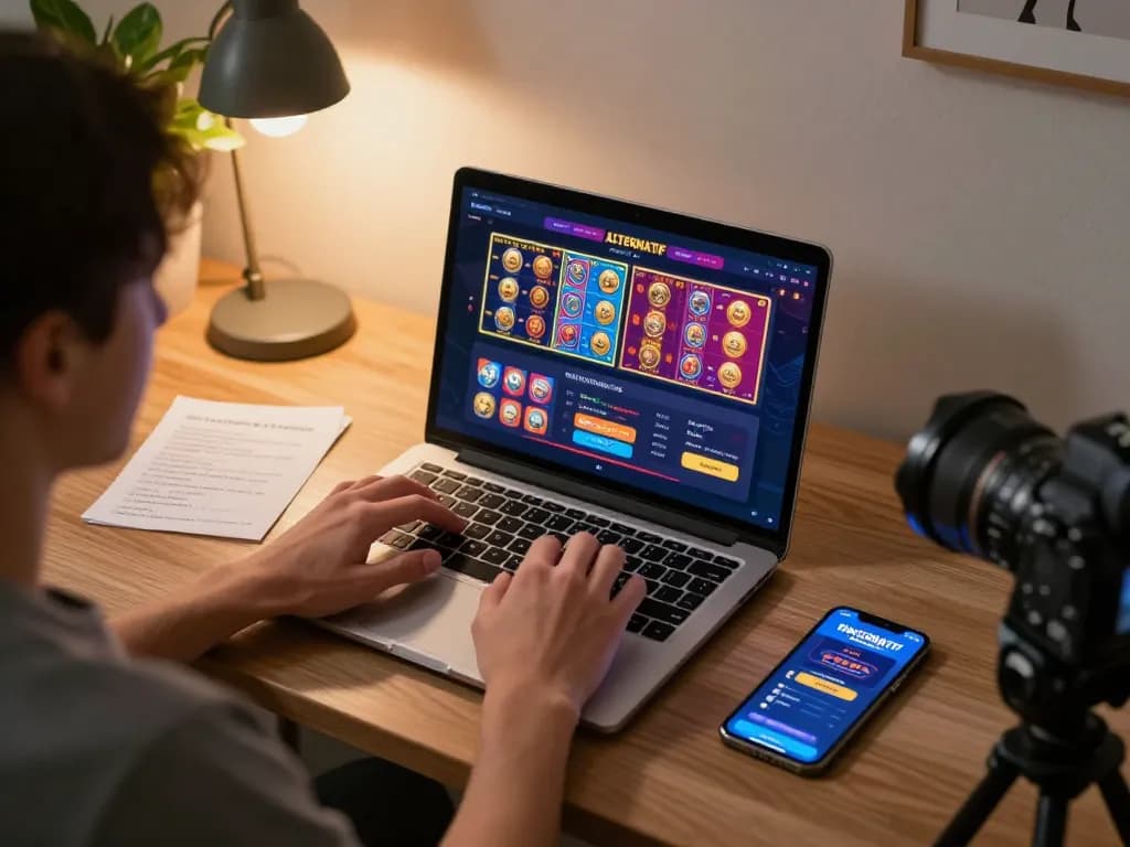 IDNSCORE ALTERNATIF online gaming scene highlighting strategic gameplay on a stylish laptop.