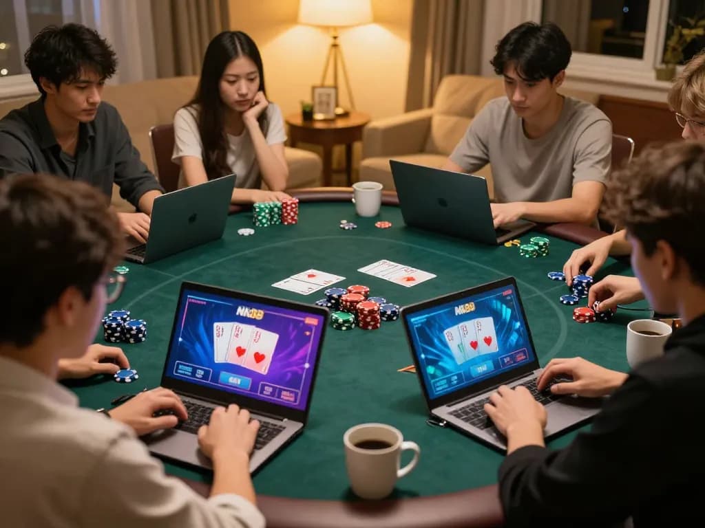 Players engaged in an online poker game on the NK88 platform, showcasing strategy and excitement.
