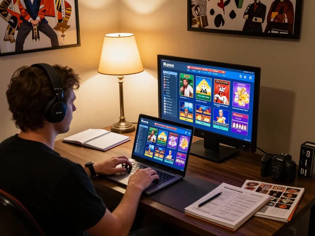 Player enjoying online gambling on laptop at home with uu88, showcasing strategic lifestyle