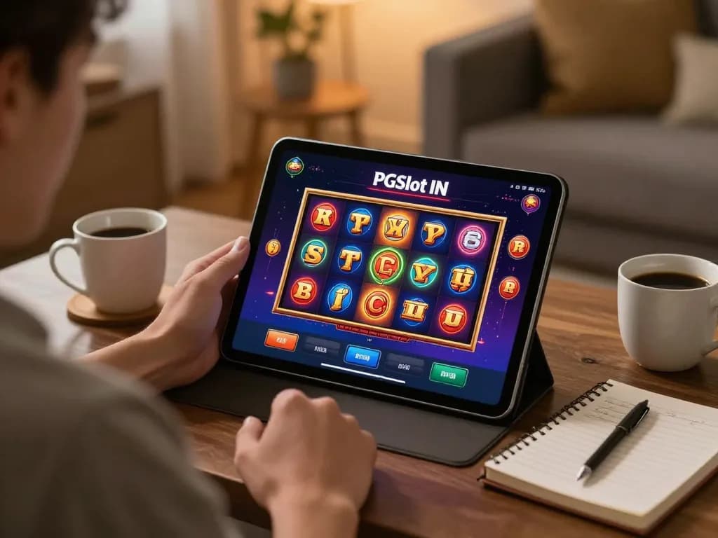 Engaging with PGSLOT IN app on a tablet, showcasing colorful slots interface in a cozy home setting.