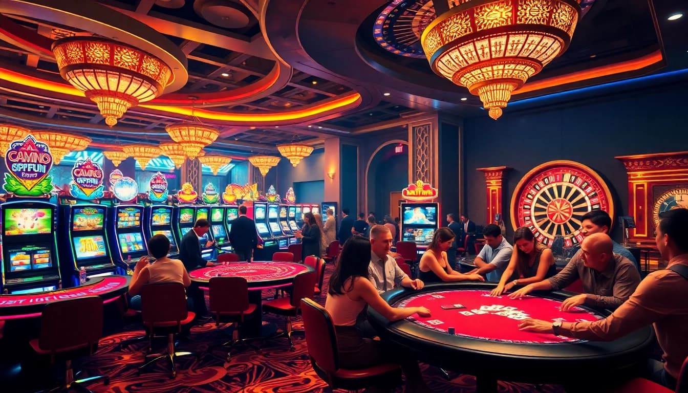 Experience the thrill of gaming at OKFUN with vibrant casino tables and exciting slot machines.