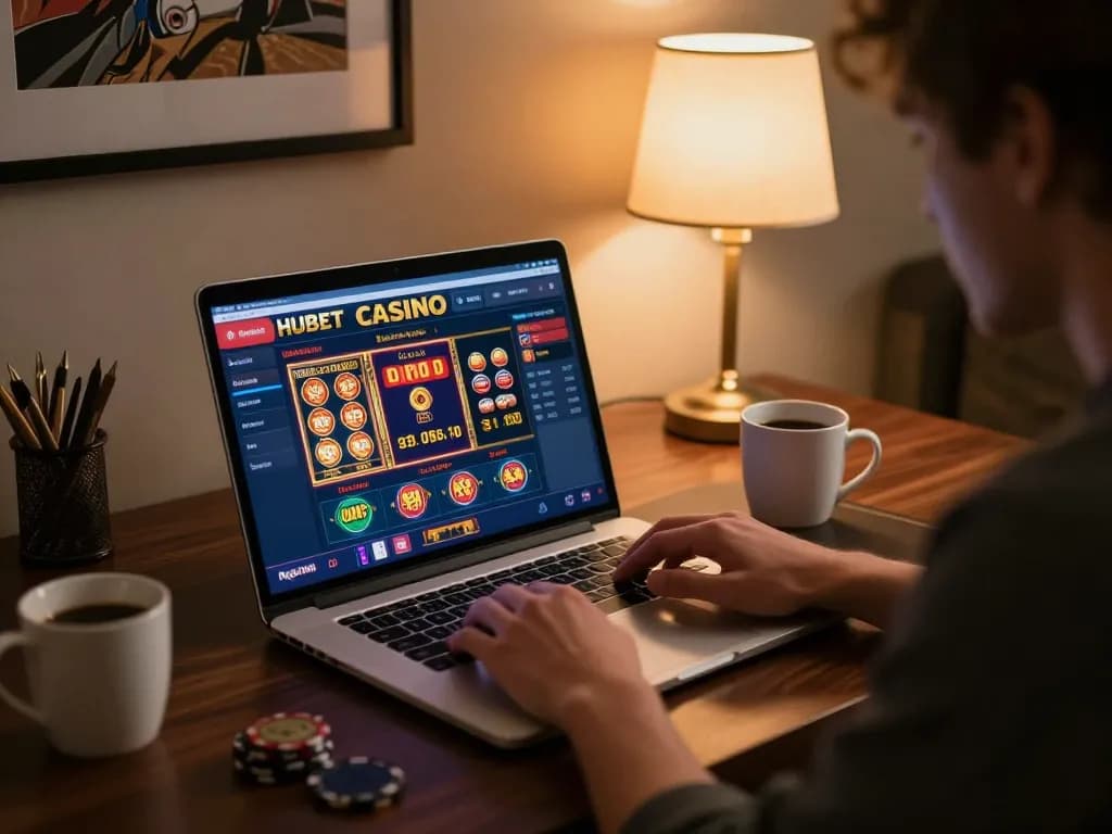 Engaging online gaming session on Hubet with a player at a stylish desk focusing on casino games