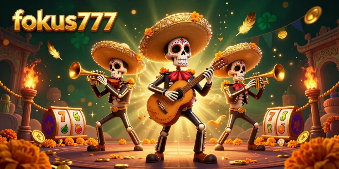 Engage with fokus777's vibrant slot game scene featuring colorful mariachi skeletons and gold coins.