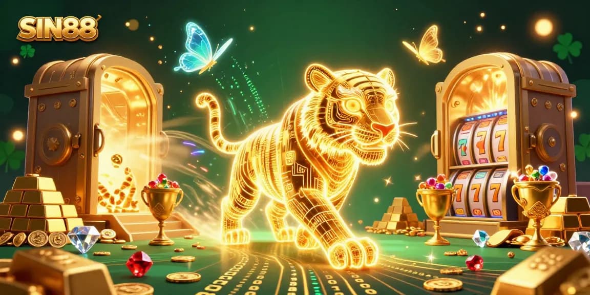 SIN88 showcases an engaging casino scene with a golden tiger and treasures, creating excitement for bettors.