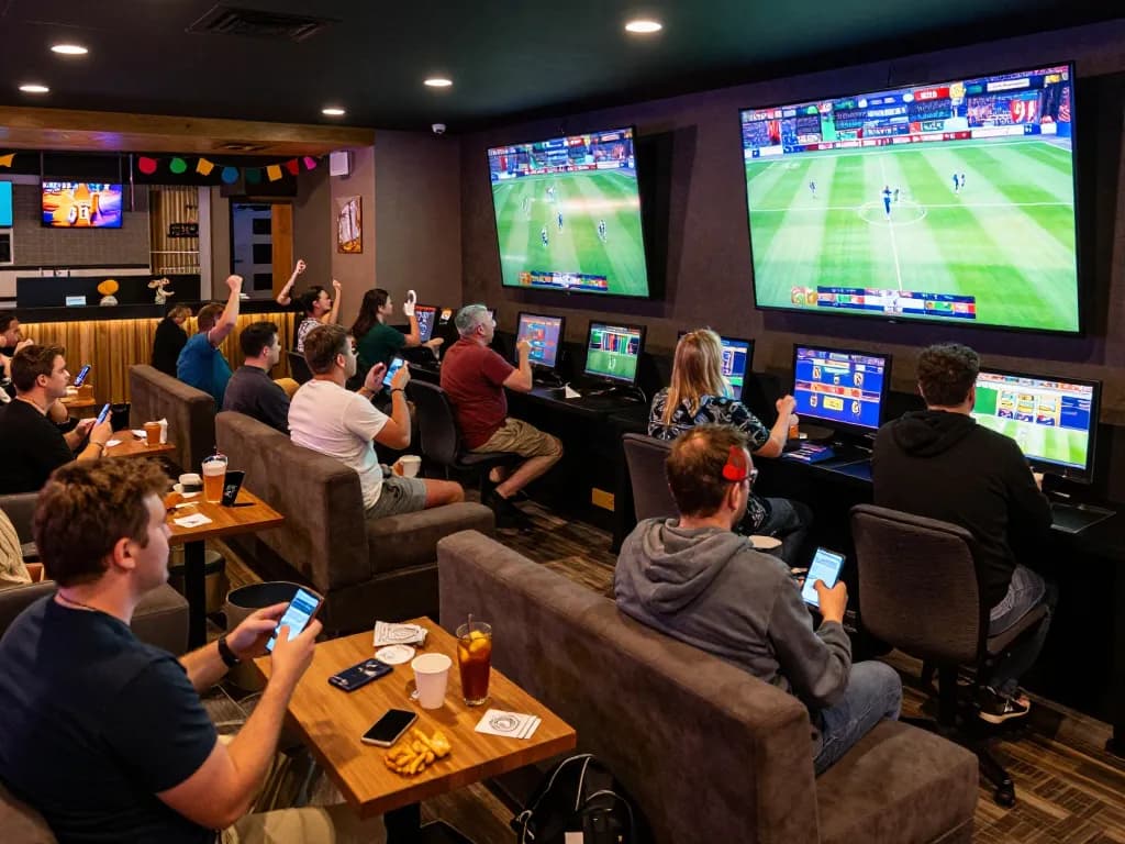 7m sports fans enthusiastically placing bets in vibrant lounge atmosphere