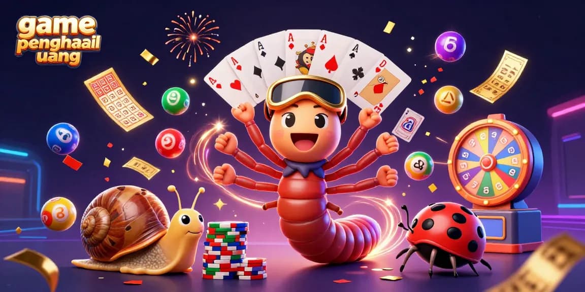 Bermain game penghasil uang dengan dealer kartun unik dan simbol lotere berwarna-warni di latar yang meriah.