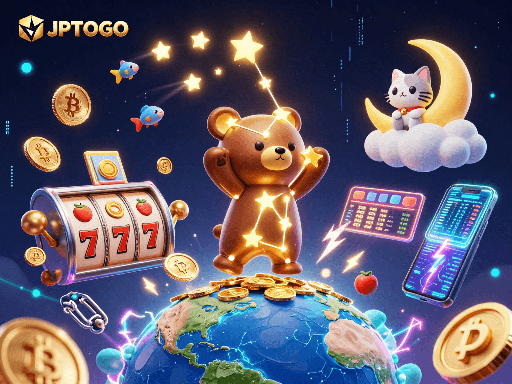 Spin and win with JPTOTO's captivating 3D illustration of gaming elements in a fantasy universe.