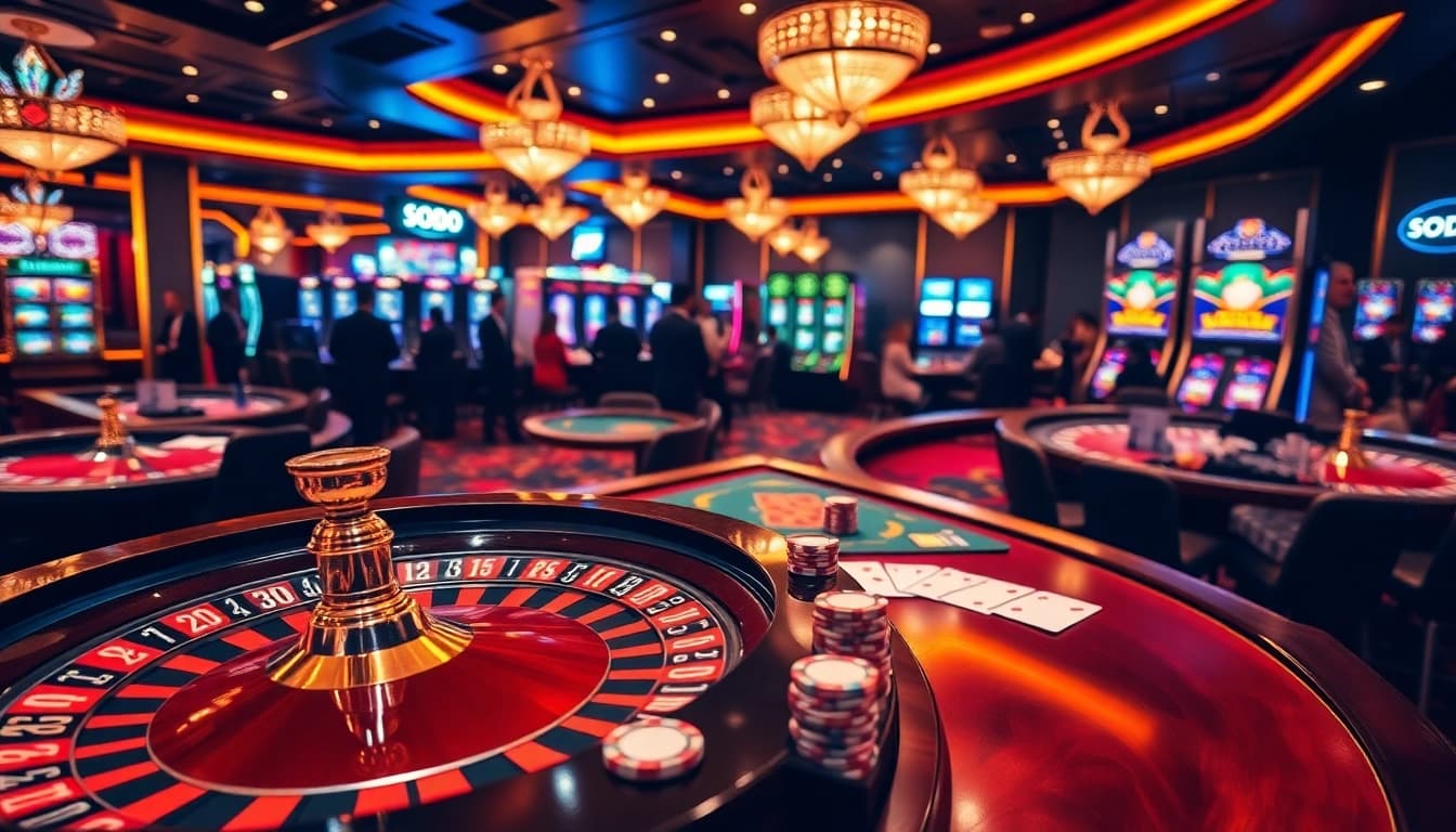 SODO66 casino scene showcasing poker chips and roulette wheel with a vibrant ambiance