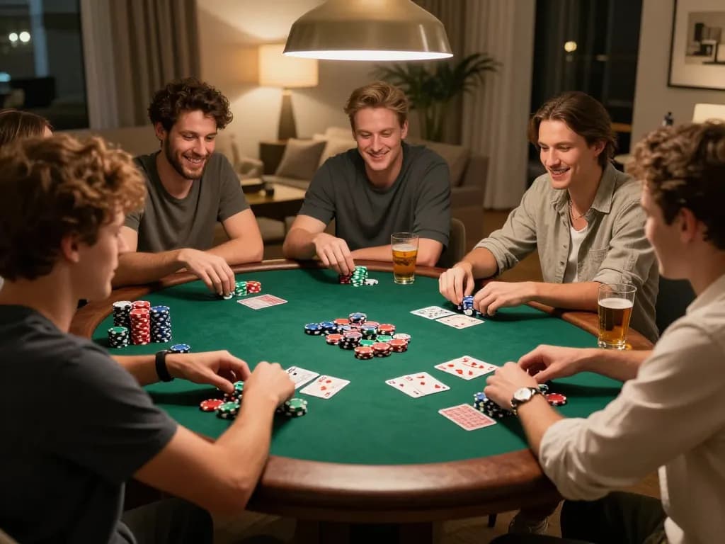 ku88 poker night with friends at a round table filled with chips and cards, capturing a lively game atmosphere
