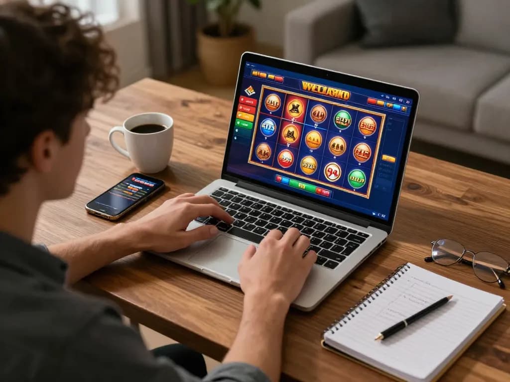 Experience daftar slot online mposport through engaging gameplay on a laptop in a cozy home setting.