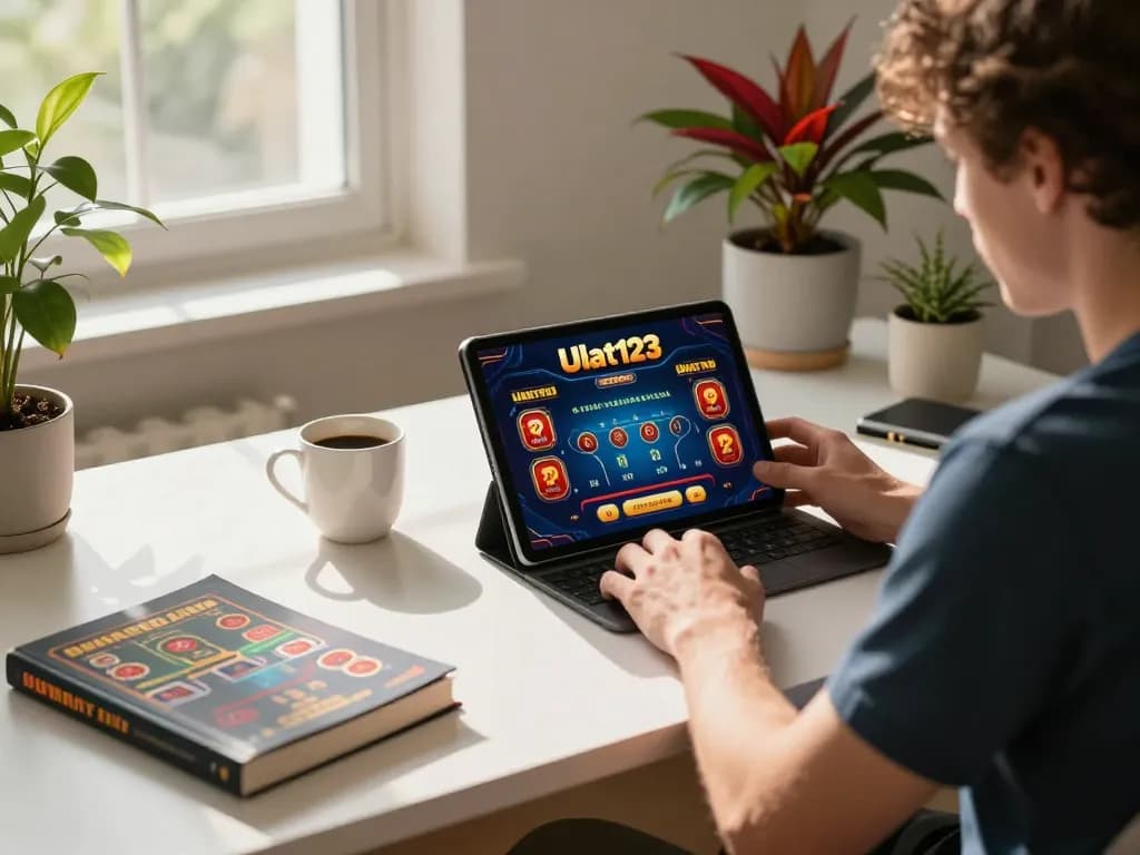 Terlibat dalam aksi permainan yang imersif dengan Ulat123 di tablet di ruang kerja rumah yang nyaman.