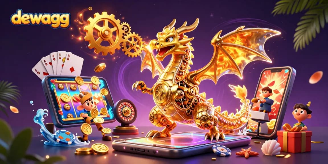 Bet big on dewagg with a golden dragon breathing cogs, framed by vibrant casino elements.