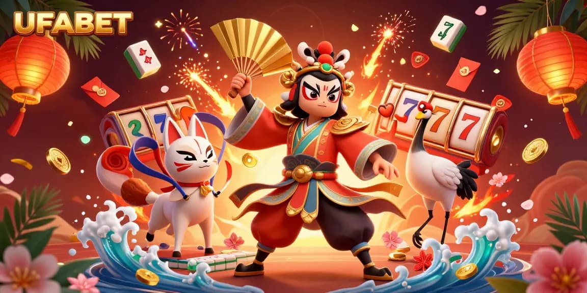 Spin the slot reels at UFABET with vibrant graphics, jackpot counters, and lucky symbols amidst festive 3D elements.