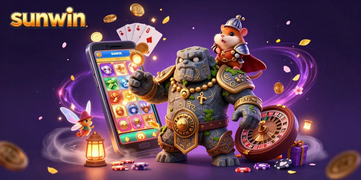 Experience the thrill of sunwin with golden coins, magical elements, and vibrant gaming scenes.
