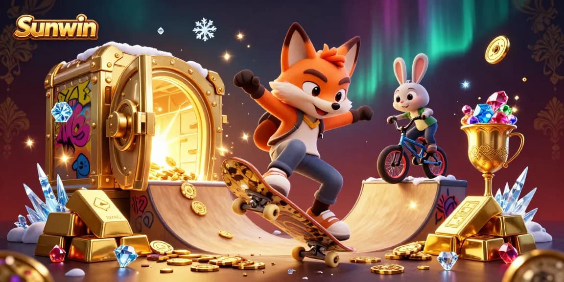 Sunwin presents a lively scene with a skateboarder fox, BMX rabbit, and vibrant casino elements bursting with gold.