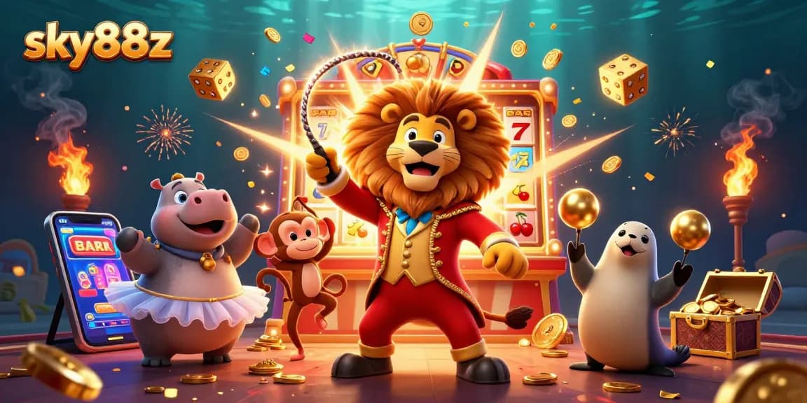 Sky88z brings fortune with a vibrant circus-themed jackpot explosion in this 3D illustration.