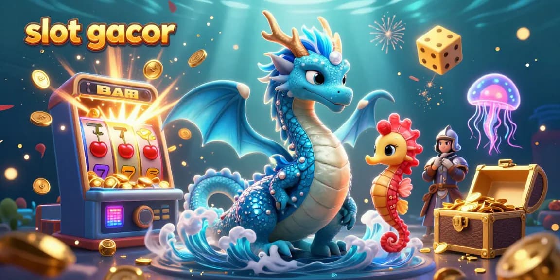 Menang di slot gacor dengan ilustrasi slot yang menyala, naga air dan ksatria kuda laut.