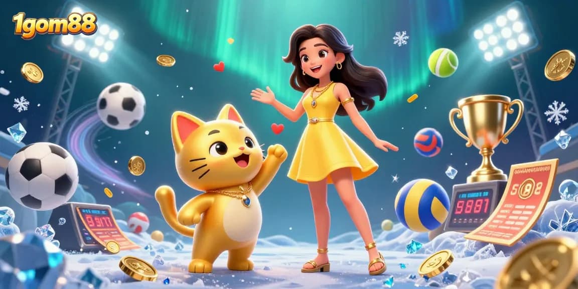 Engage in thrilling sports betting experiences with 1gom88, featuring an Asian woman and a lucky cat mascot.