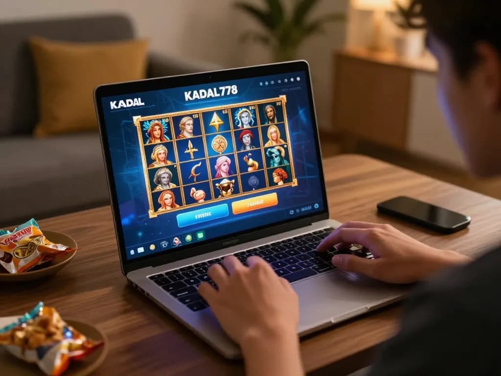 KADAL778 gaming interface showcasing exciting Greek-themed slots and potential rewards in a cozy home setting
