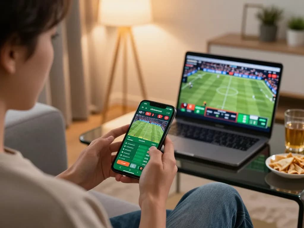 Engaging in LGOGOAL mobile sports betting on a smartphone, showcasing live match odds in a cozy atmosphere.