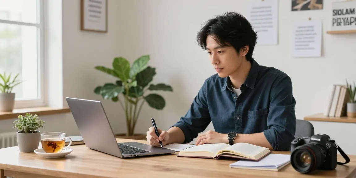 Pelatih pengembangan pribadi bekerja di meja kantor rumah yang stylish dengan laptop dan jurnal, menciptakan suasana produktif dengan halte4d.