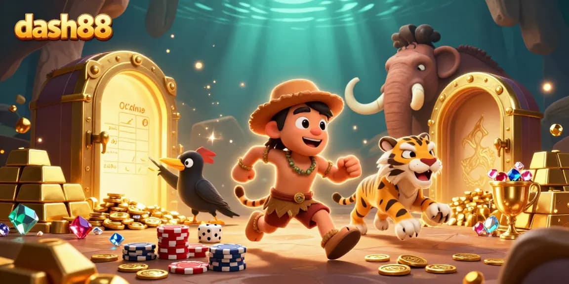 Experience excitement at dash88 with lively casino characters amidst treasure and games.
