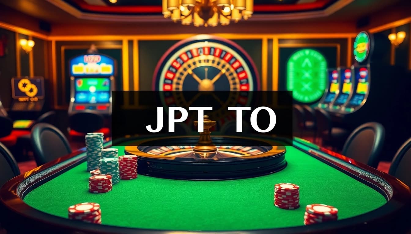 Rasakan pengalaman permainan mendebarkan di JPTOTO, menampilkan suasana kasino yang hidup dengan chip poker dan roda roulette.