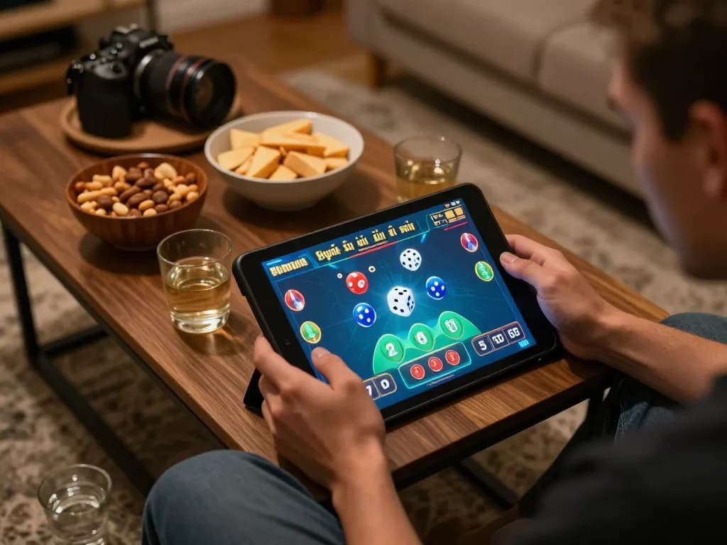 Tài xỉu online gaming session with a player using a tablet to place bets in a cozy home