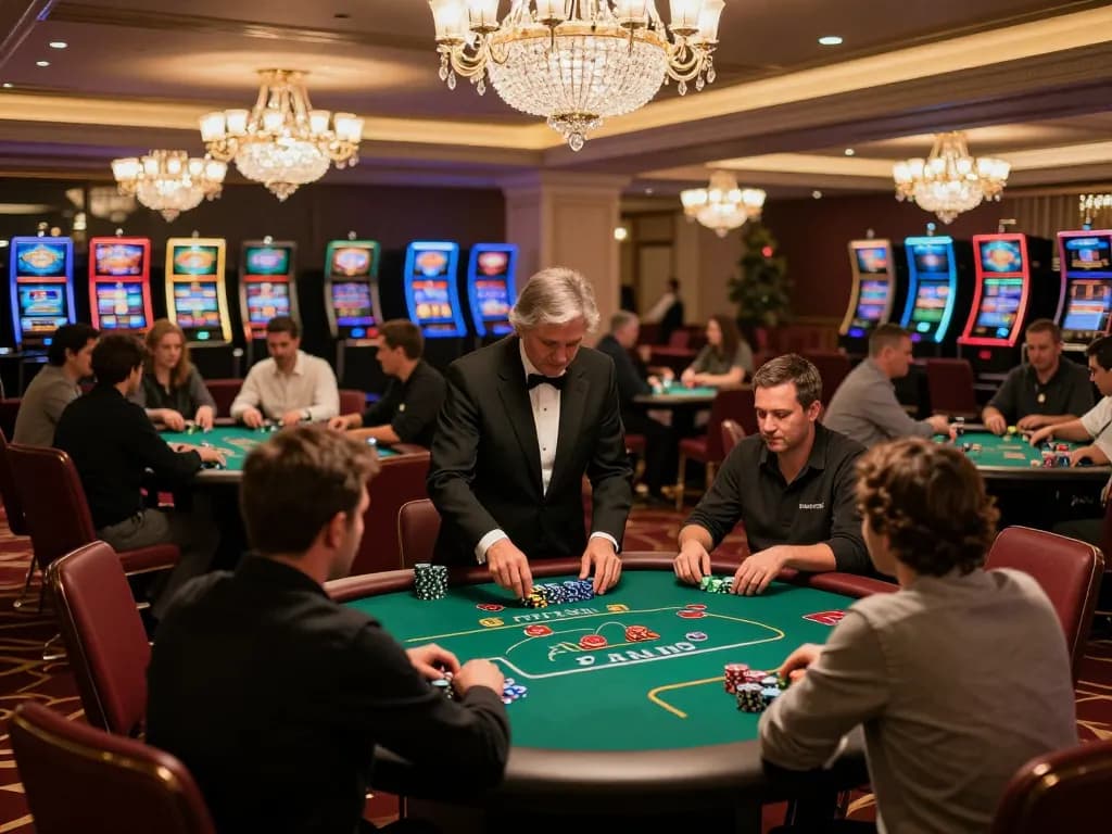 Players enjoying the lively atmosphere at rikvip's luxurious casino floor, engaged in poker games.