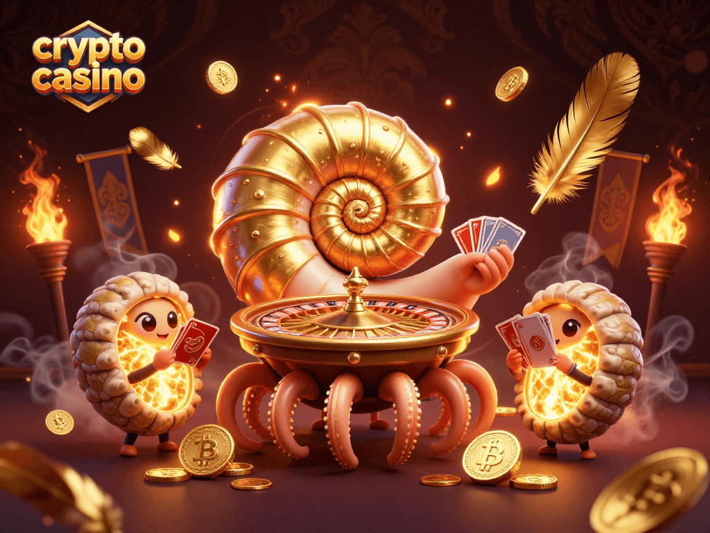 Experience the thrill of a crypto casino with a dynamic scene featuring glowing nautilus and gold elements.