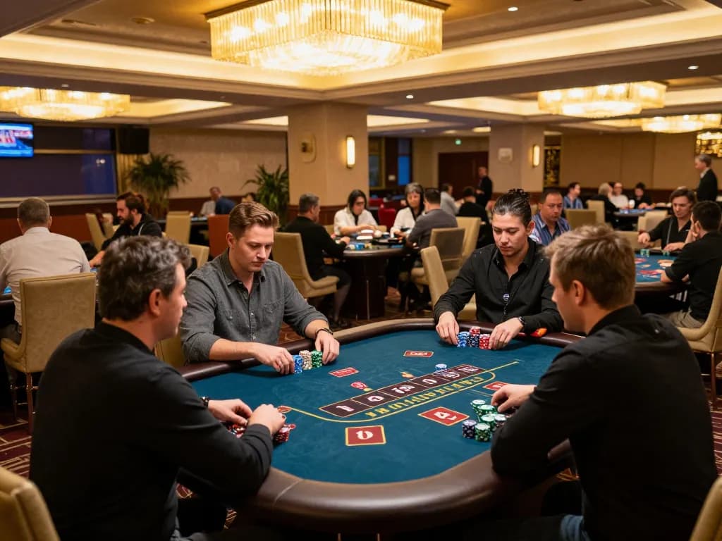 Players strategizing at a blackjack table at 100VIP, surrounded by an upscale casino atmosphere.