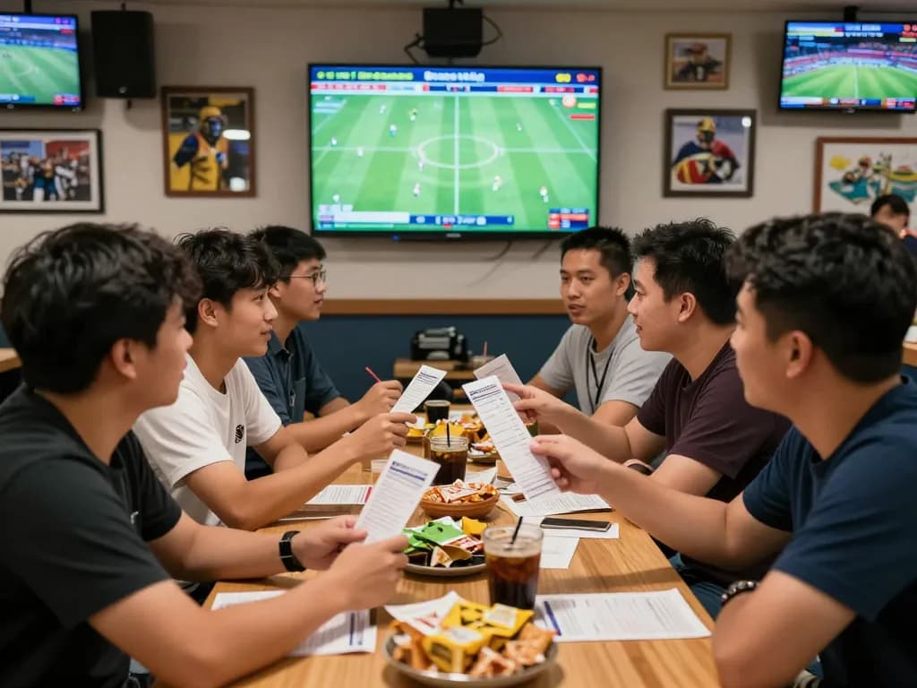 Group excitedly discussing tỷ lệ kèo nhà cái while watching live sports in a vibrant betting lounge.