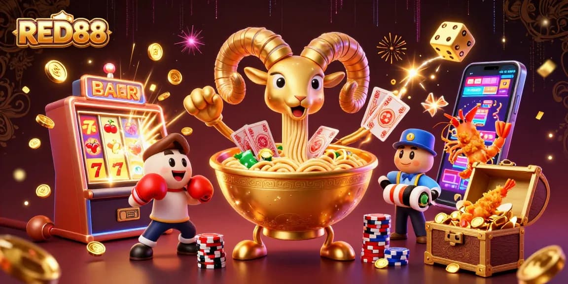 Experience exciting games with RED88 as golden ramen deals cards in a vibrant casino scene.