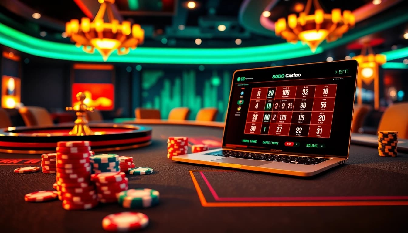 Experience the thrill of SODO Casino through an exciting online gambling scene featuring poker chips and a roulette wheel.
