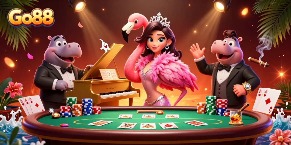 Engage with Go88's vibrant casino atmosphere featuring characters and poker elements.