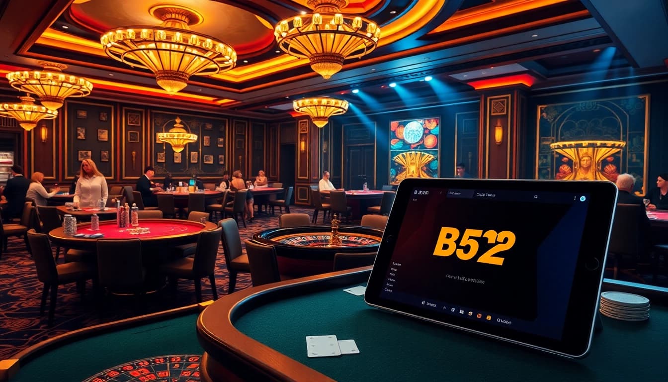 B52 online gambling scene featuring exciting games with players engaged at elegant tables.