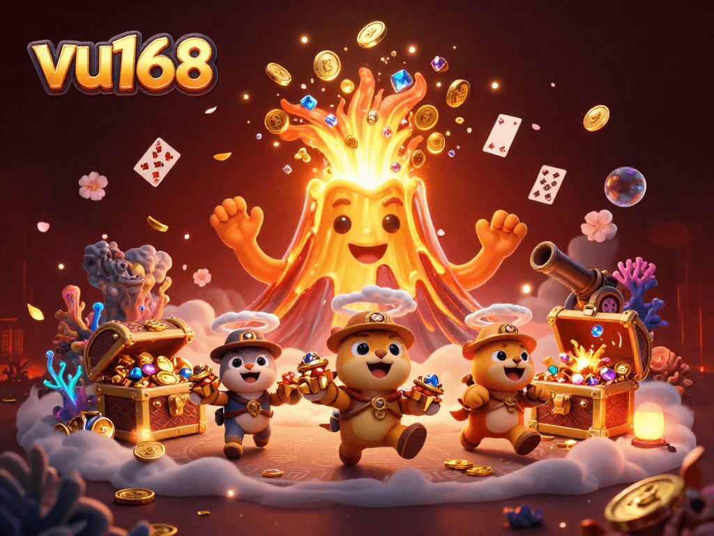 Experience the thrill of winning at vu168 with a dynamic casino scene featuring a triumphant golden volcano and treasures.