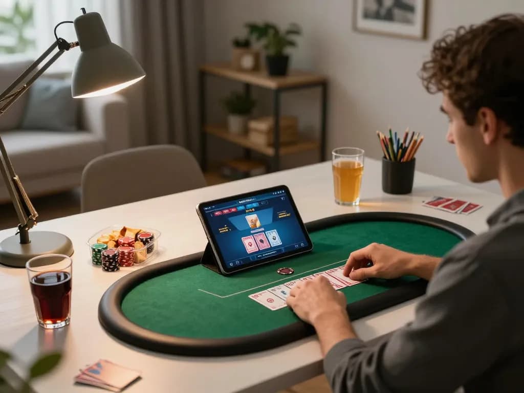 Player using F8BET app to strategize poker moves during a cozy home gaming session.