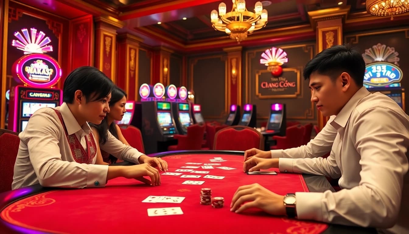 Players strategizing in a game of Tiến Lên Miền Nam at a luxurious casino table.