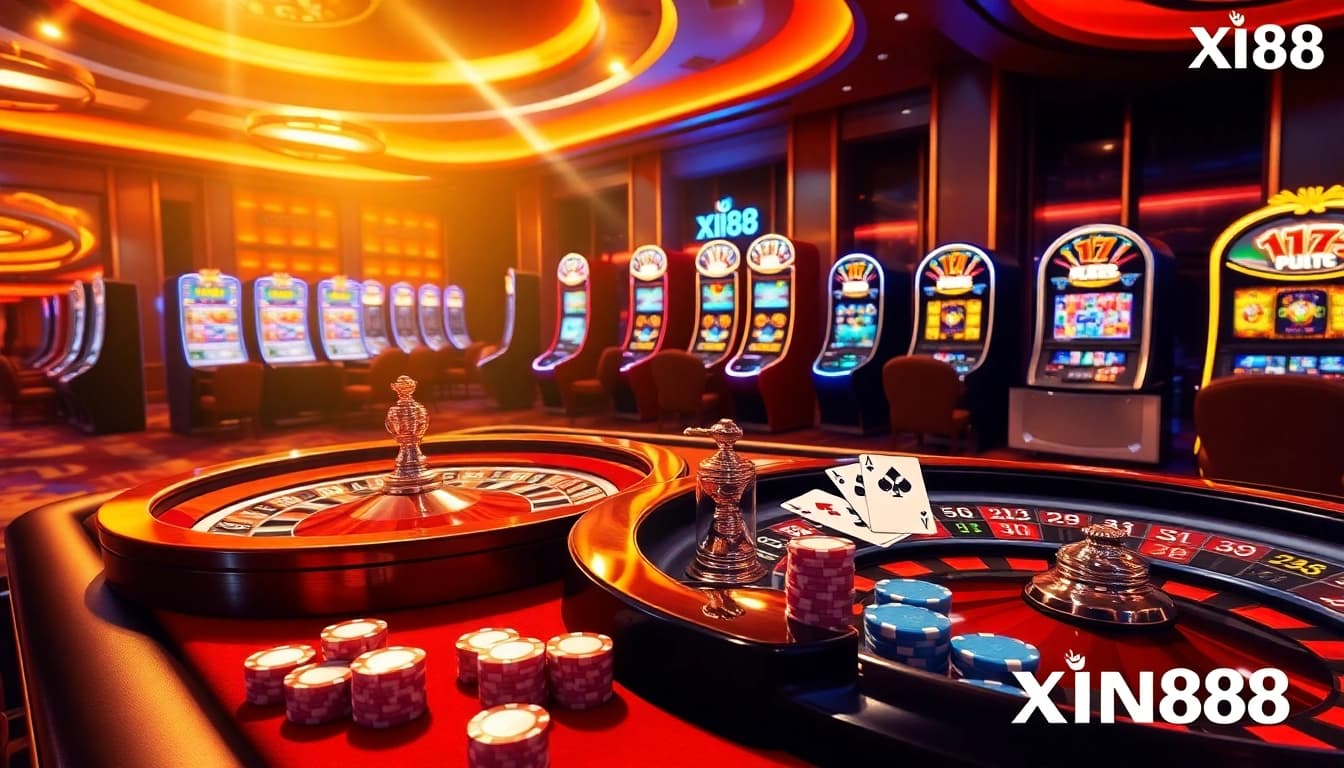 Players enjoying an exciting atmosphere at Xin88's luxurious online casino with vibrant tables and games.