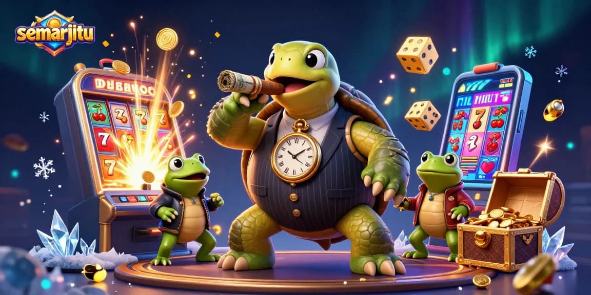 Semarjitu menyediakan gaming seru dengan simbol slot dan kemenangan besar pada ilustrasi kasino.