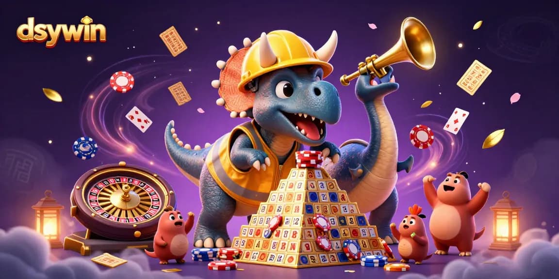 dsywin players celebrate with a lively triceratops and parasaurolophus in a vibrant casino scene.