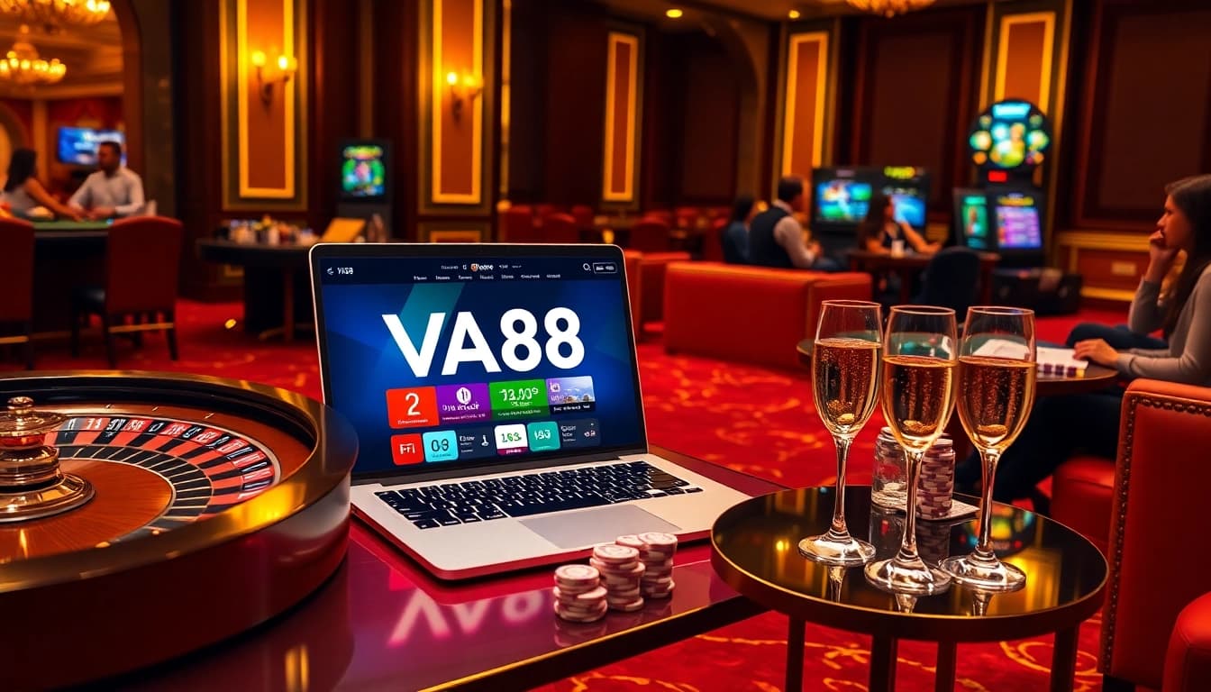 VA88 online gaming platform displayed in a luxurious casino setting with poker chips and roulette wheel.