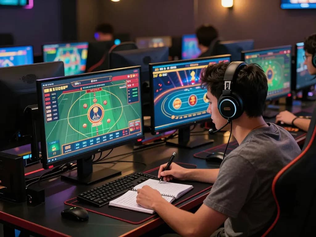 Gamer engaged in strategy for mposport using multiple screens for online betting and poker.