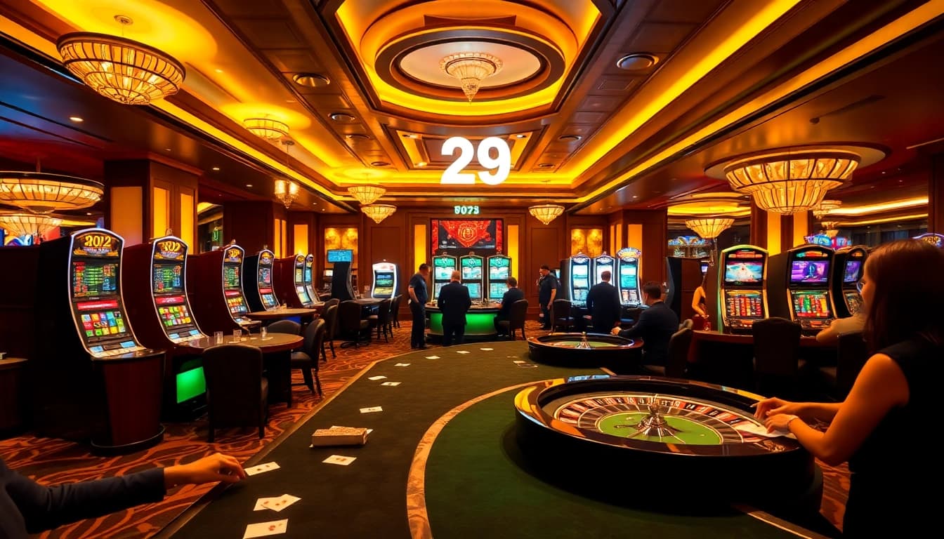 B29 casino tables showcasing exciting gameplay with vibrant roulette wheels and poker cards.