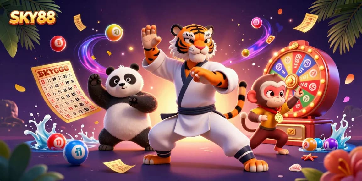 Sky88 features a kung fu tiger and friends in a vibrant online gambling scene.