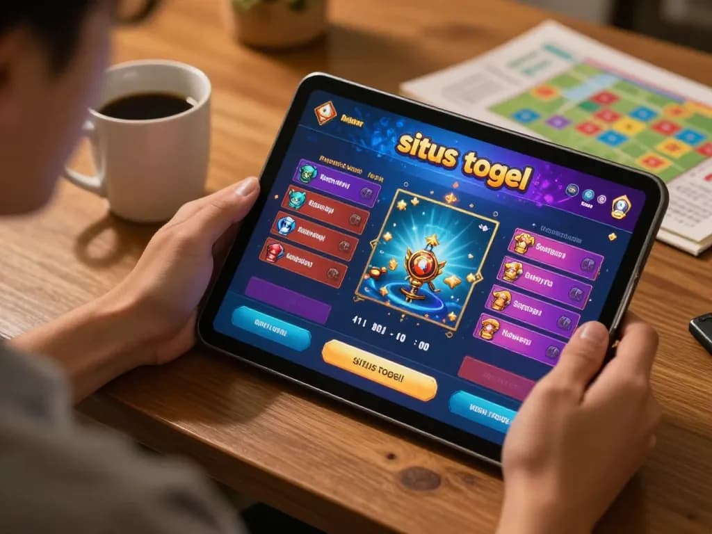 Pemain situs togel terlibat dalam taruhan online di tablet dengan grafik yang cerah di pengaturan rumah yang nyaman.