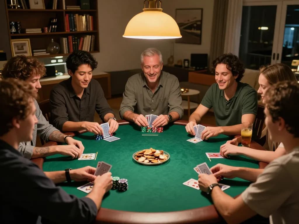 Friends enjoying a lively poker game at home, showcasing the social aspect of gambling with MMOO gaming strategies.