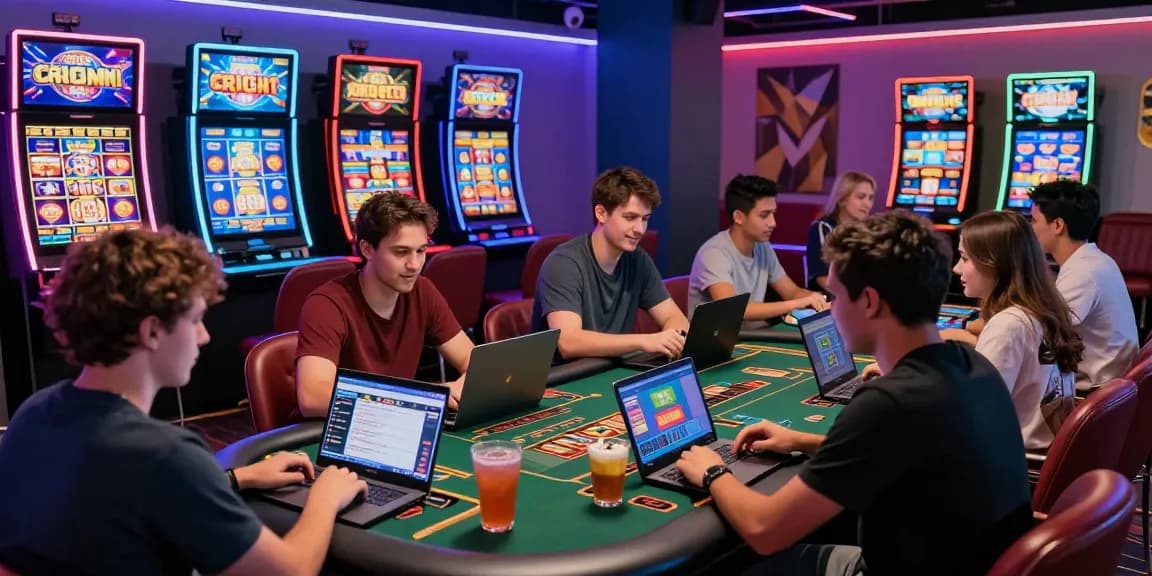 Exciting atmosphere at credit card casinos with players enjoying thrilling online games and vibrant digital setups.
